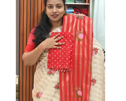 Premium Munga Stripes Embroidery Work Saree - GULAB6