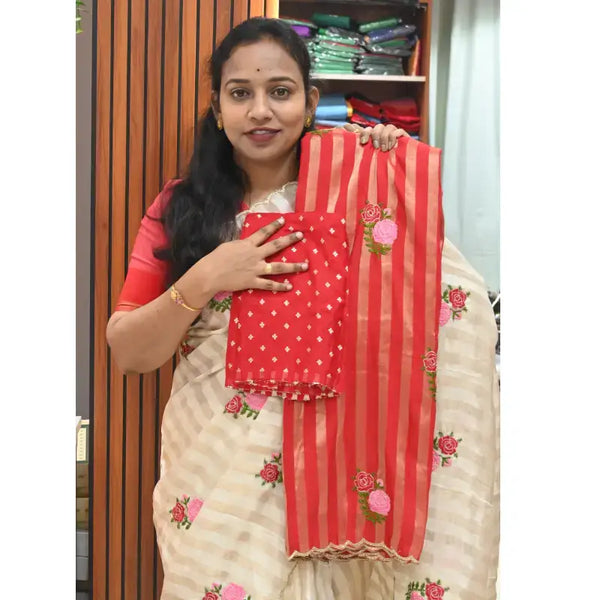 Premium Munga Stripes Embroidery Work Saree - GULAB6