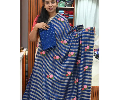Premium Munga Stripes Embroidery Work Saree - GULAB5