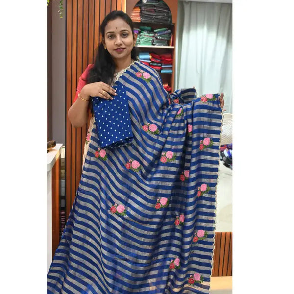Premium Munga Stripes Embroidery Work Saree - GULAB5