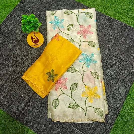 Designer Embroidery work Sarees - CREAM