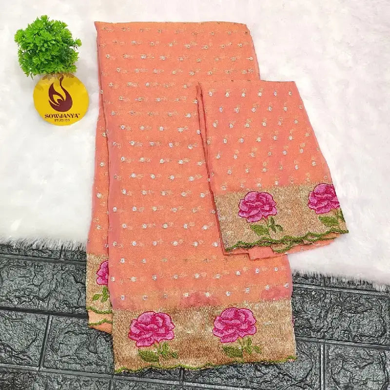 Designer Shimmer Georgette Butti  with  Emboridery  Sarees(peach) - SSFLW