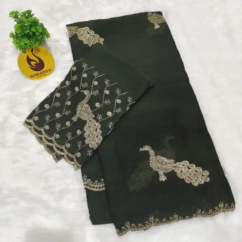 Rangoli Crush Saree With Peacock Beads Work Design (Dark Green) - SPARK