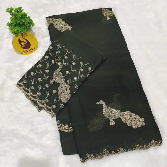 Rangoli Crush Saree With Peacock Beads Work Design (Dark Green) - SPARK