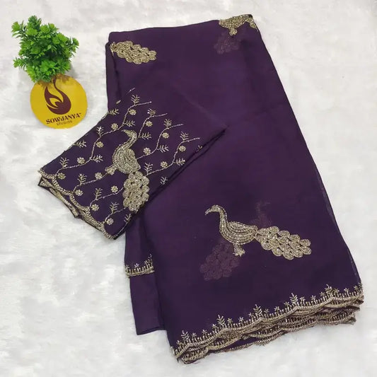 Rangoli Crush Saree With Peacock Beads Work Design (Grape) - SPARK