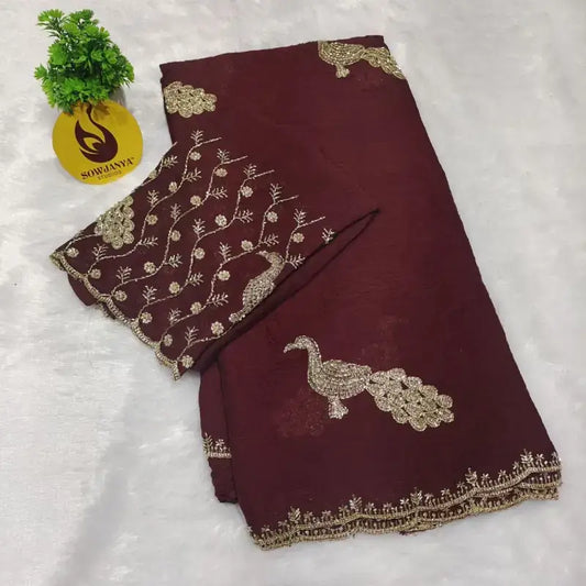 Rangoli Crush Saree With Peacock Beads Work Design (meroon) - SPARK