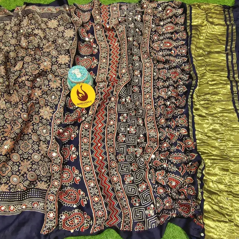 PURE Model Silk original Ajrakh Saree With Original Mirrors - PAJRAK