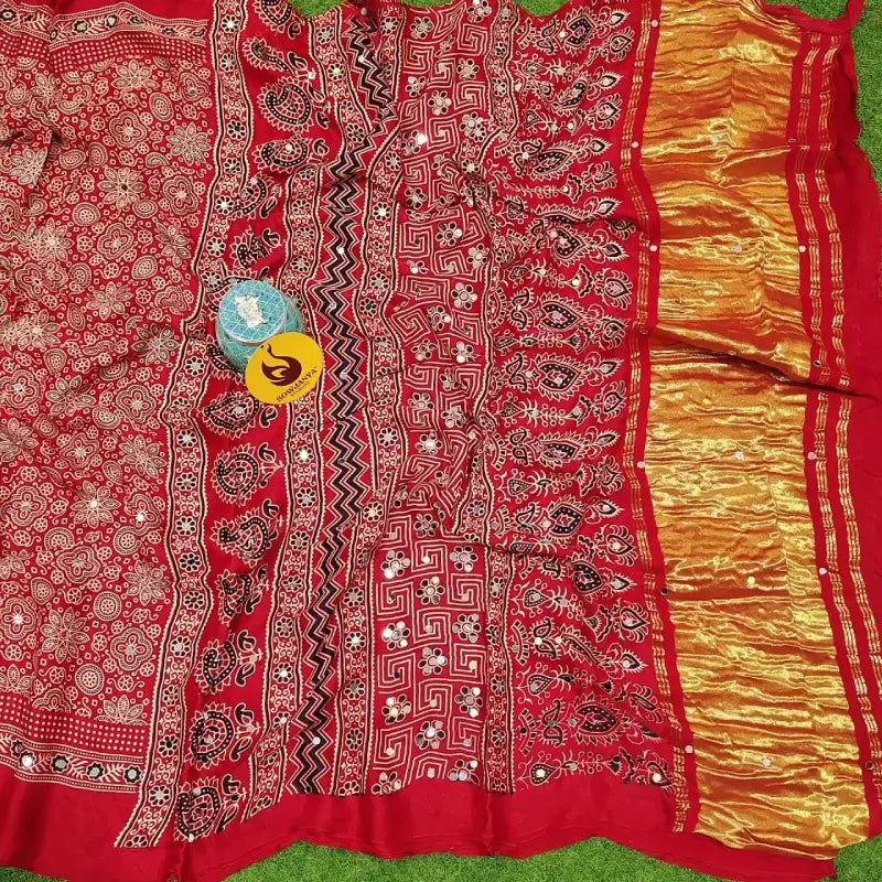PURE Model Silk original Ajrakh Saree With Original Mirrors - PAJRAK