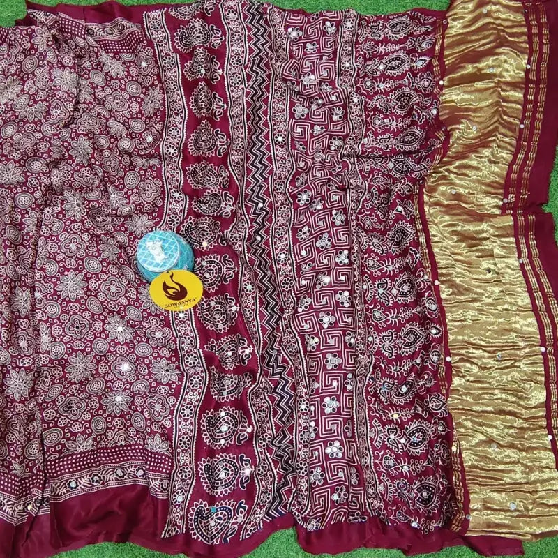 PURE Model Silk original Ajrakh Saree With Original Mirrors - PAJRAK