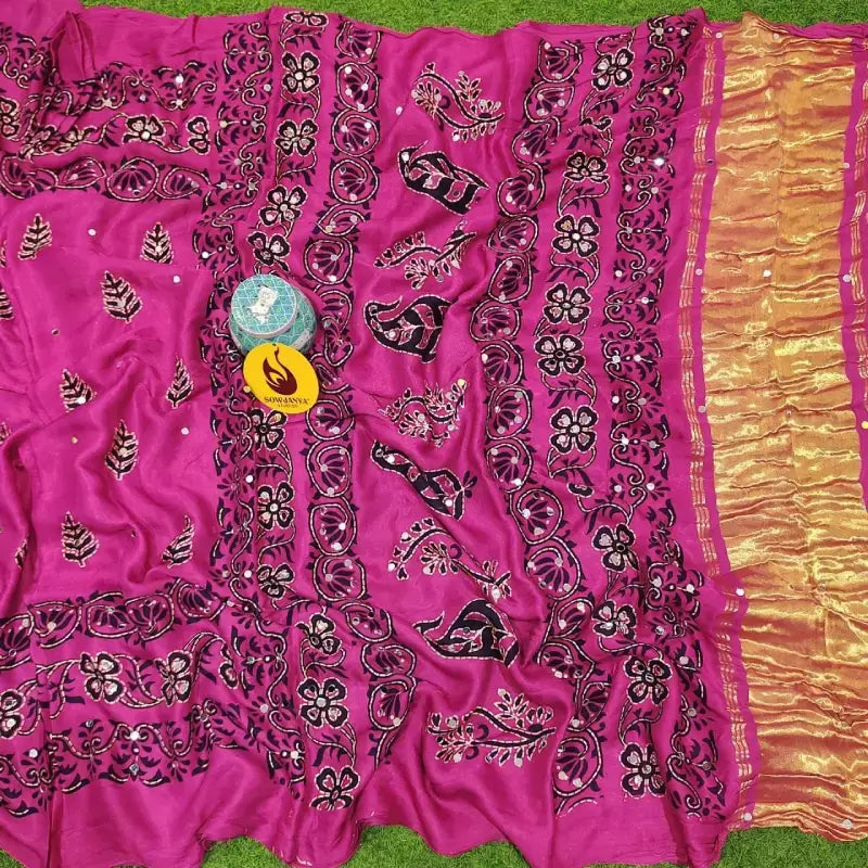 PURE Model Silk original Ajrakh Saree With Original Mirrors - PAJRAK