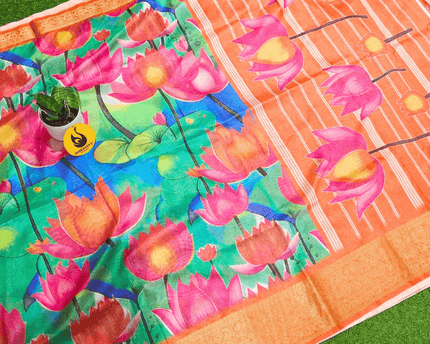 Semi Dola Floral Print Saree With Weaving Border - LOTUS