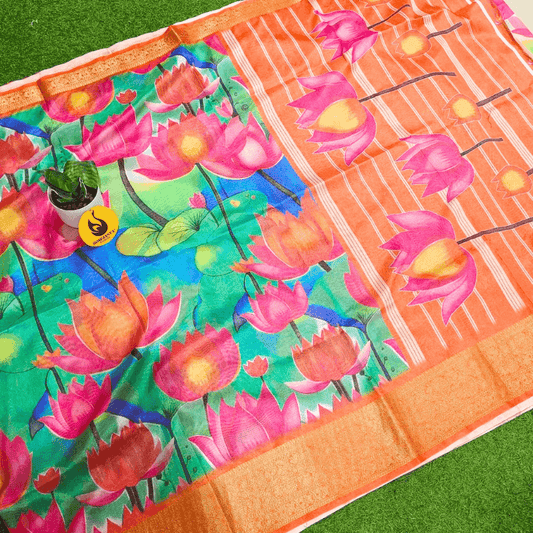 Semi Dola Floral Print Saree With Weaving Border - LOTUS