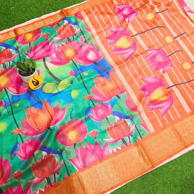 Semi Dola Floral Print Saree With Weaving Border - LOTUS
