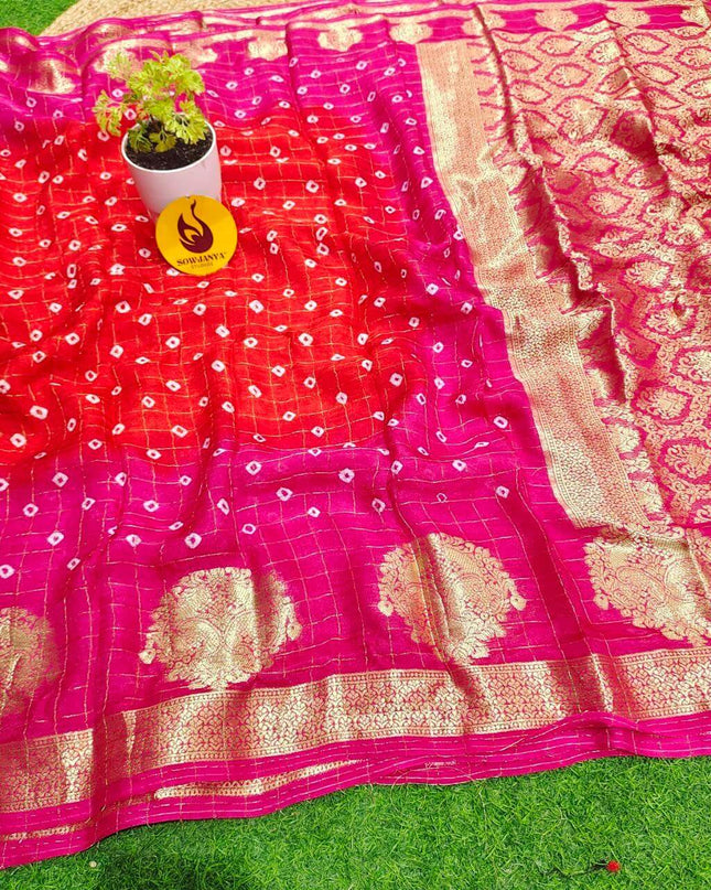 Original Hand Knot Bandini with Zari Chex Saree's - GEMS1