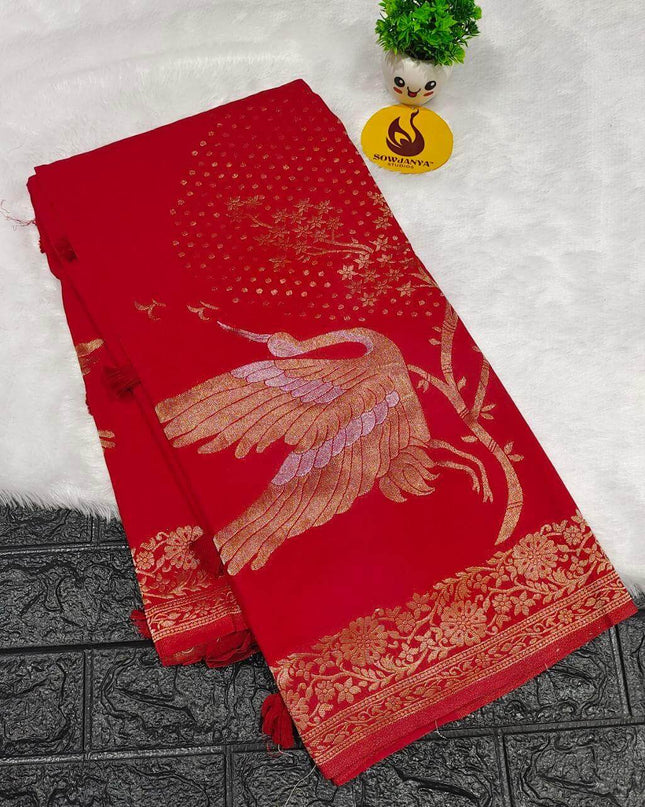 Premium Viscose Georgette With Zari Butti's Saree's - BEST17(Red)