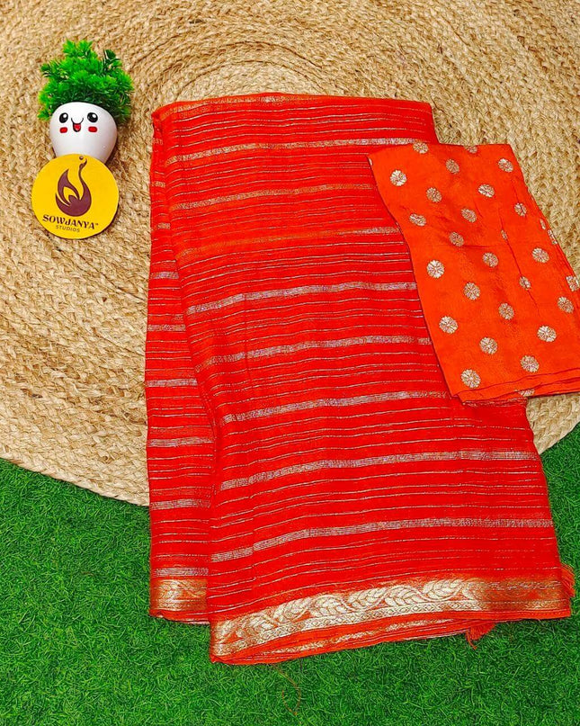 Premium Viscose Georgette ZARI LINES Saree's - ORANGE2