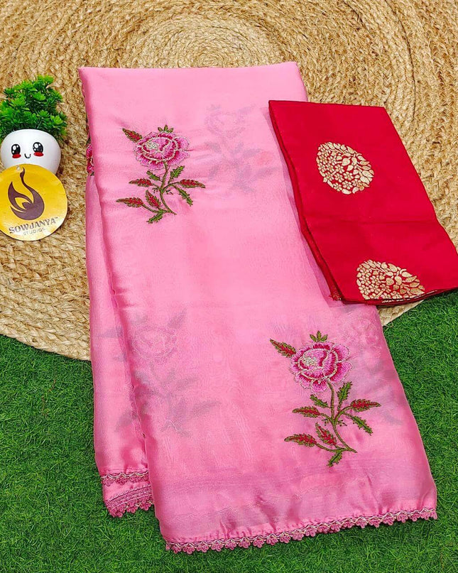 Premium Rangoli Silk with Emboridery work  Sarees - SSROS2(pink)