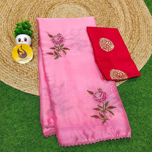 Premium Rangoli Silk with Emboridery work  Sarees - SSROS2(pink)