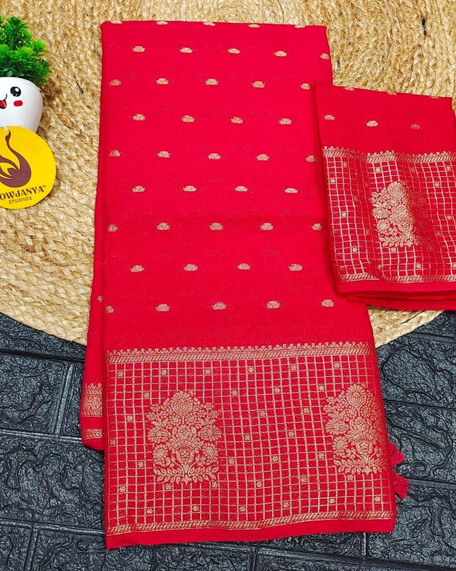 Viscose Butti Saree's With Floral Kanchi Border- SSFKV04 (RED)