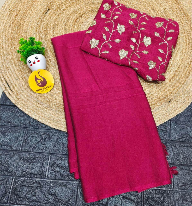 Premium Crush with Heavy floral Work Blouse Sarees -CRUSH2(WINE)
