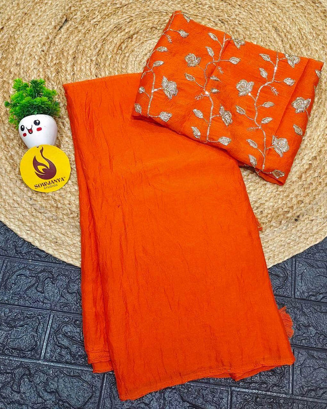 Premium Crush with Heavy floral Work Blouse Sarees -CRUSH1