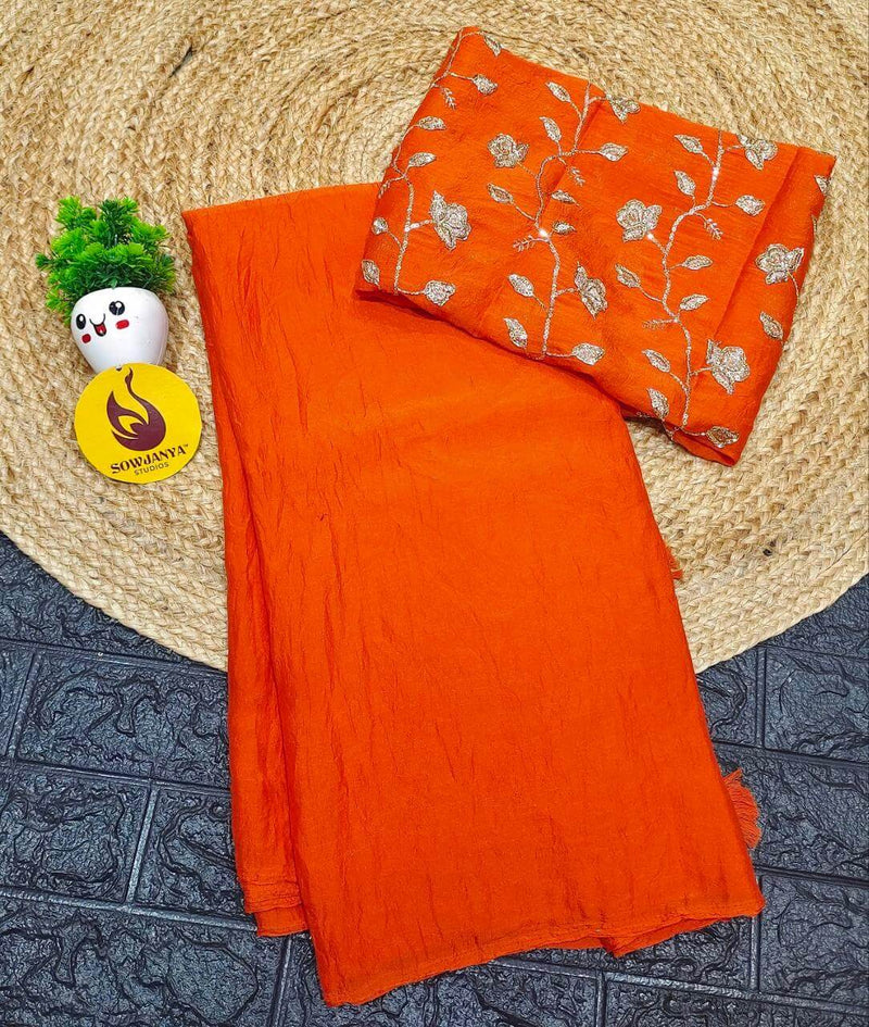 Premium Crush with Heavy floral Work Blouse Sarees -CRUSH1
