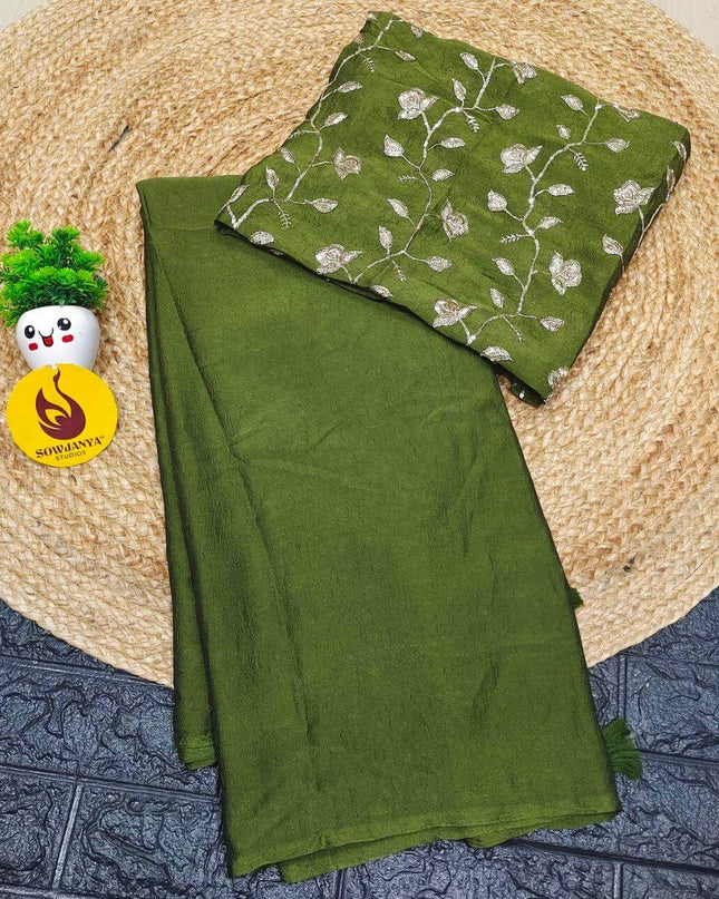 Premium Crush with Heavy floral Work Blouse Sarees -CRUSH4(DARK GREEN)