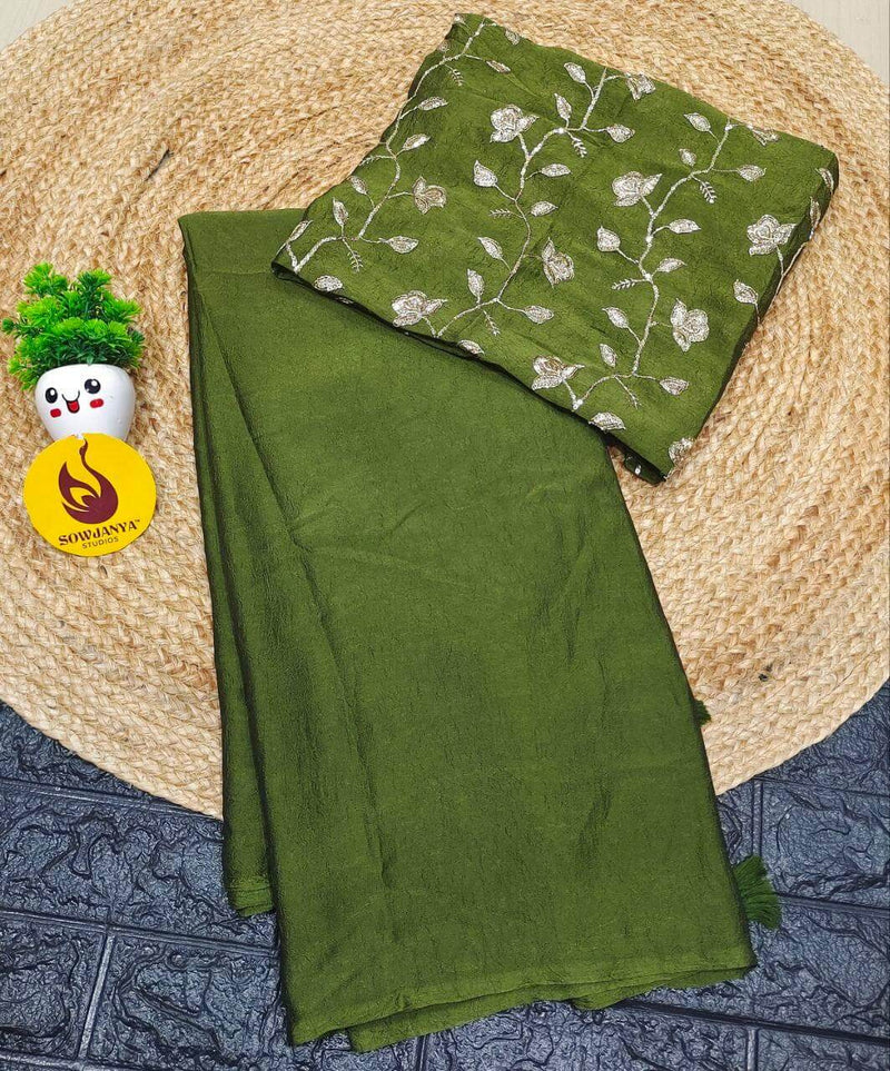 Premium Crush with Heavy floral Work Blouse Sarees -CRUSH4(DARK GREEN)