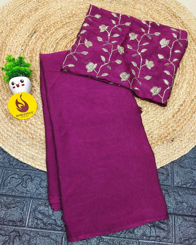 Premium Crush with Heavy floral Work Blouse Sarees -CRUSH3