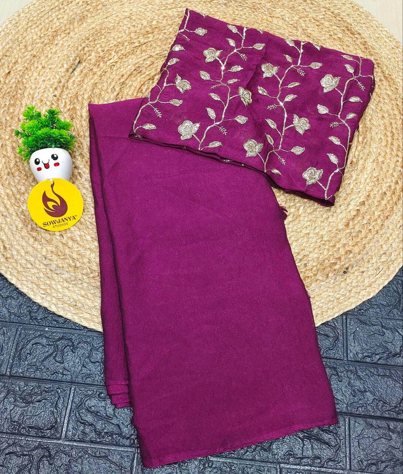 Premium Crush with Heavy floral Work Blouse Sarees -CRUSH3
