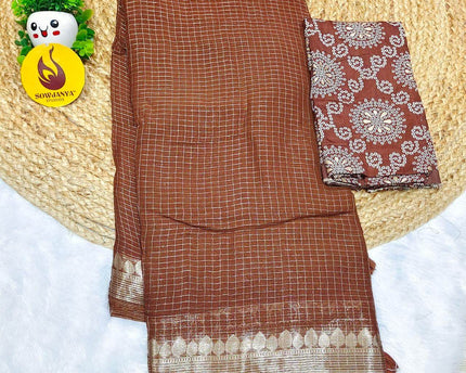 Premium Viscose Georgette Zari Chex with Bandini Blouse Sarees - SSBCH8 (BROWN)