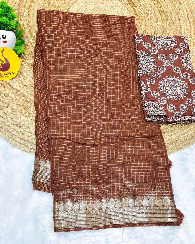 Premium Viscose Georgette Zari Chex with Bandini Blouse Sarees - SSBCH8 (BROWN)