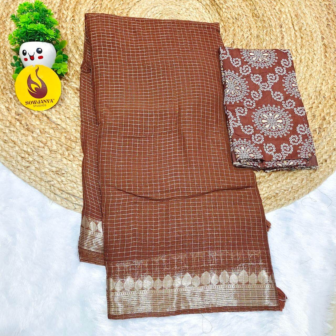 Premium Viscose Georgette Zari Chex with Bandini Blouse Sarees - SSBCH8 (BROWN)