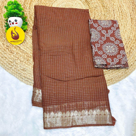 Premium Viscose Georgette Zari Chex with Bandini Blouse Sarees - SSBCH8 (BROWN)