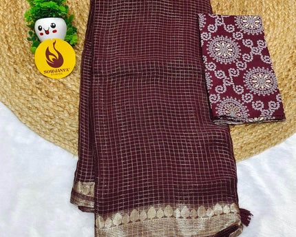 Premium Viscose Georgette Zari Chex with Bandini Blouse Sarees - SSBCH9 (CHOCOLATE)
