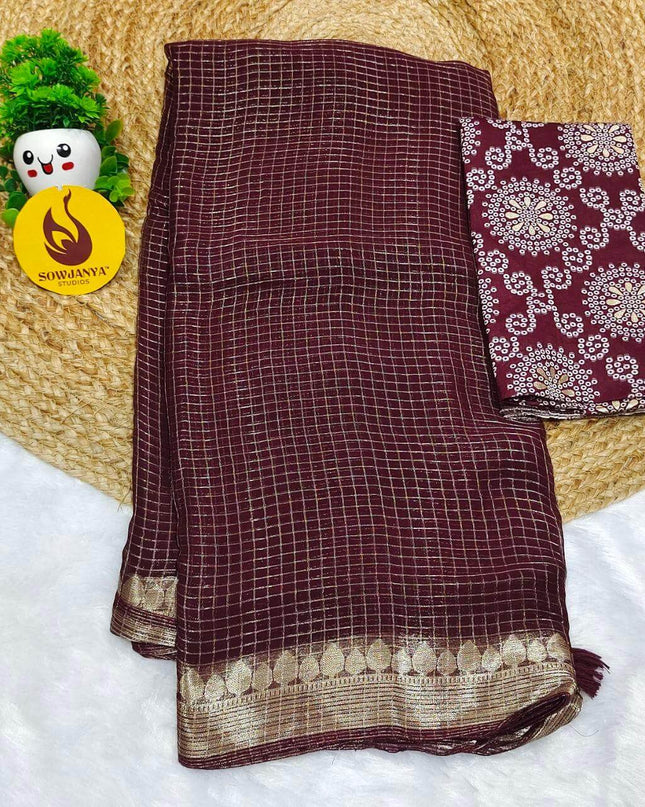 Premium Viscose Georgette Zari Chex with Bandini Blouse Sarees - SSBCH9 (CHOCOLATE)