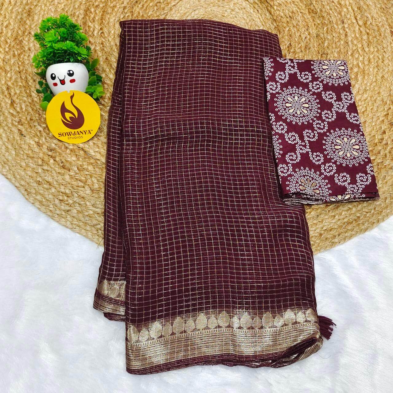 Premium Viscose Georgette Zari Chex with Bandini Blouse Sarees - SSBCH9 (CHOCOLATE)
