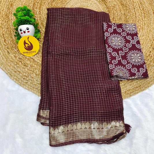 Premium Viscose Georgette Zari Chex with Bandini Blouse Sarees - SSBCH9 (CHOCOLATE)