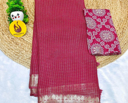 Premium Viscose Georgette Zari Chex with Bandini Blouse Sarees - SSBCH1 (ONION)