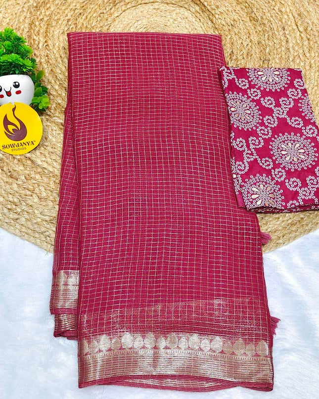 Premium Viscose Georgette Zari Chex with Bandini Blouse Sarees - SSBCH1 (ONION)