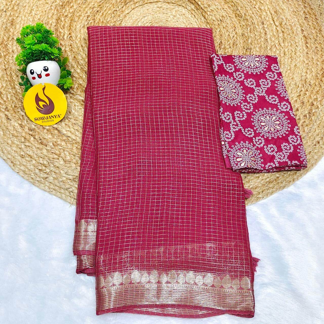 Premium Viscose Georgette Zari Chex with Bandini Blouse Sarees - SSBCH1 (ONION)