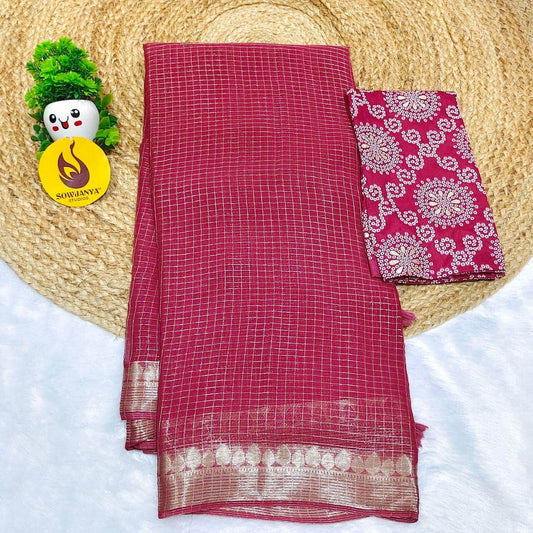 Premium Viscose Georgette Zari Chex with Bandini Blouse Sarees - SSBCH1 (ONION)