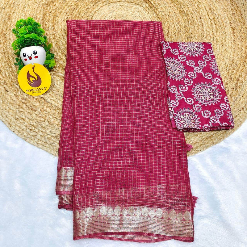 Premium Viscose Georgette Zari Chex with Bandini Blouse Sarees - SSBCH1 (ONION)