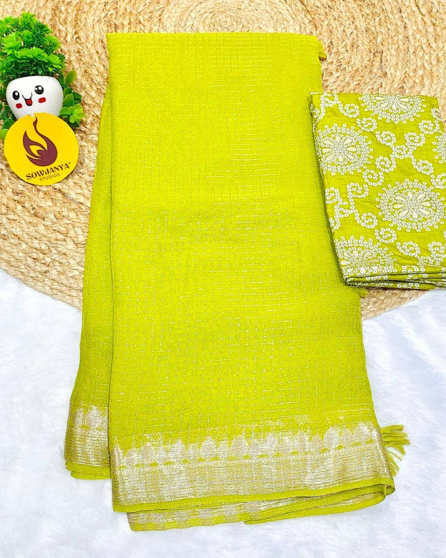 Premium Viscose Georgette Zari Chex with Bandini Blouse Sarees - SSBCH7 (GREEN)