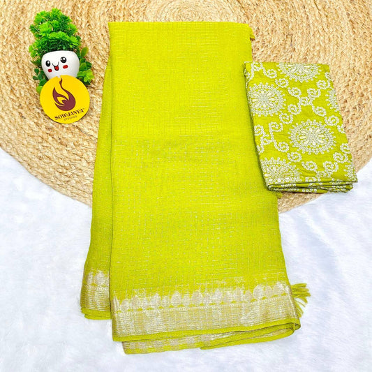 Premium Viscose Georgette Zari Chex with Bandini Blouse Sarees - SSBCH7 (GREEN)