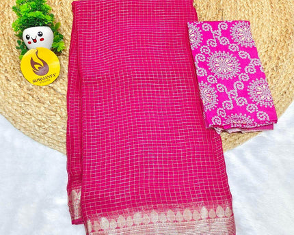 Premium Viscose Georgette Zari Chex with Bandini Blouse Sarees - SSBCH6 (PINK)