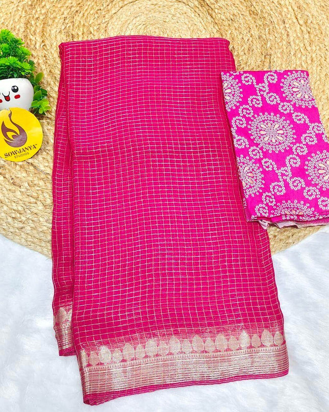 Premium Viscose Georgette Zari Chex with Bandini Blouse Sarees - SSBCH6 (PINK)