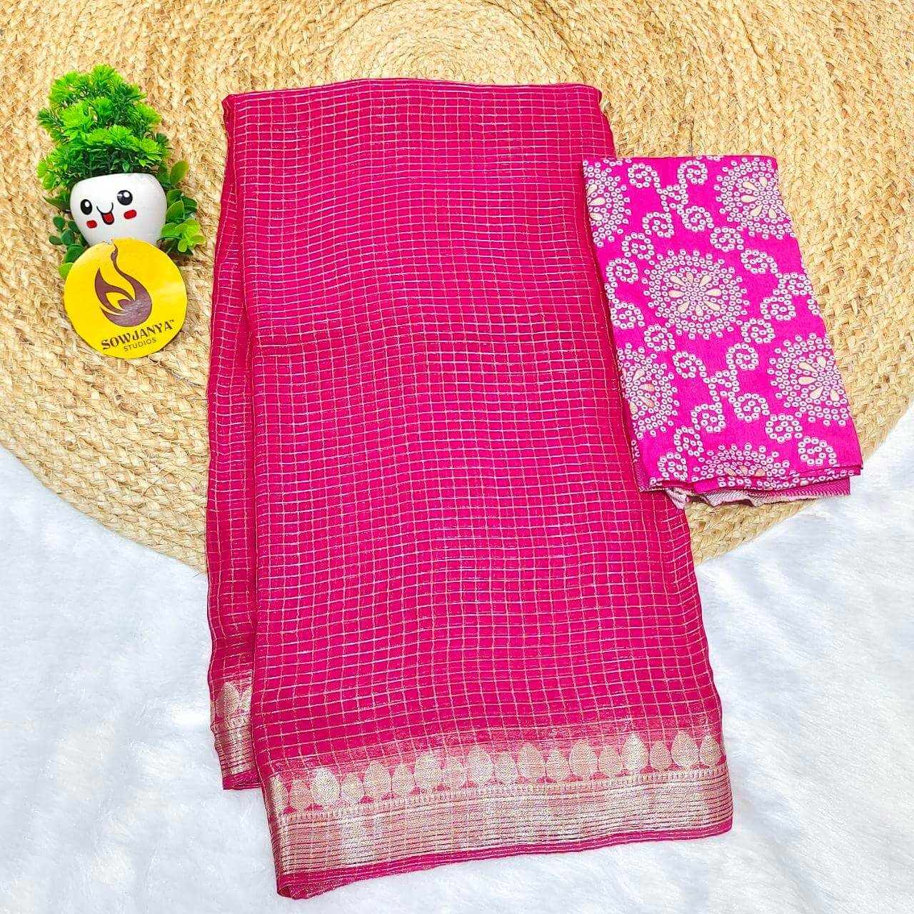 Premium Viscose Georgette Zari Chex with Bandini Blouse Sarees - SSBCH6 (PINK)