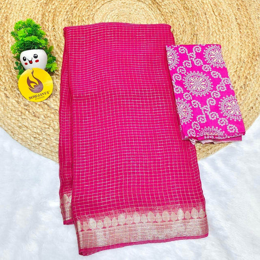 Premium Viscose Georgette Zari Chex with Bandini Blouse Sarees - SSBCH6 (PINK)