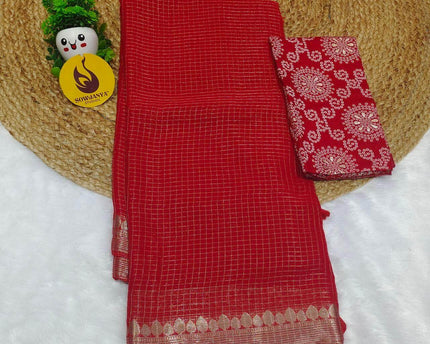 Premium Viscose Georgette Zari Chex with Bandini Blouse Sarees - SSBCH4 (RED)